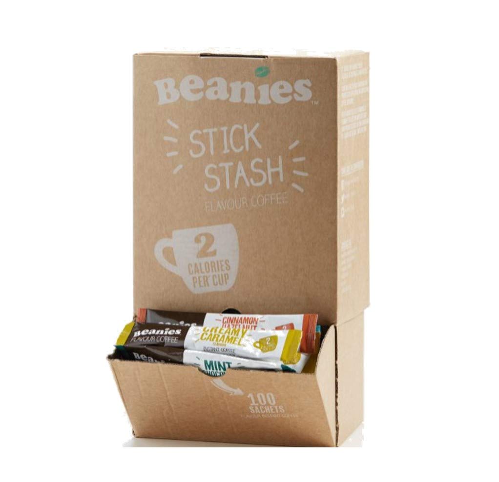Beanies-100-palitos-de-café,-mezclas-mixtas;-café-con-sabor-instantáneo-Caja694