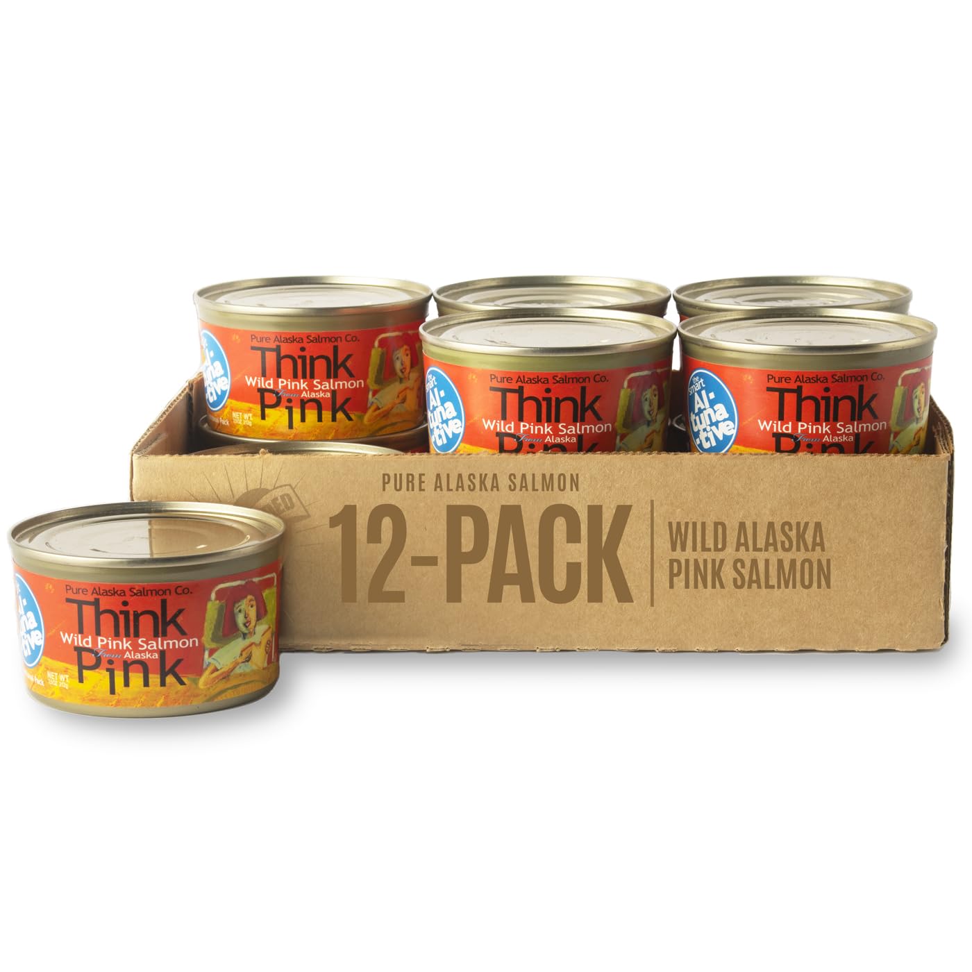 Think-Pink-Wild-Alaska-Pink-Salmon,-The-Original-Smart-Al-TUNA-tive!-Atrapado-en-naturaleza,-455