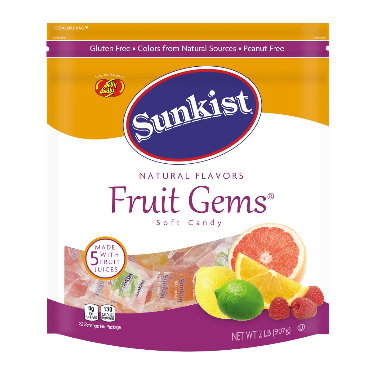 Jelly-Belly-Sunkist®-Fruit-Gems-(Individually-Wrapped)---2-Pound-Resealable--Pouch-Bag---Official,-193