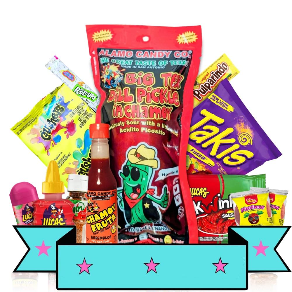 Chamoy-Pickle-Kit,-Takis-Fuego,-Fruit-Rollup,-Gushers,-2374