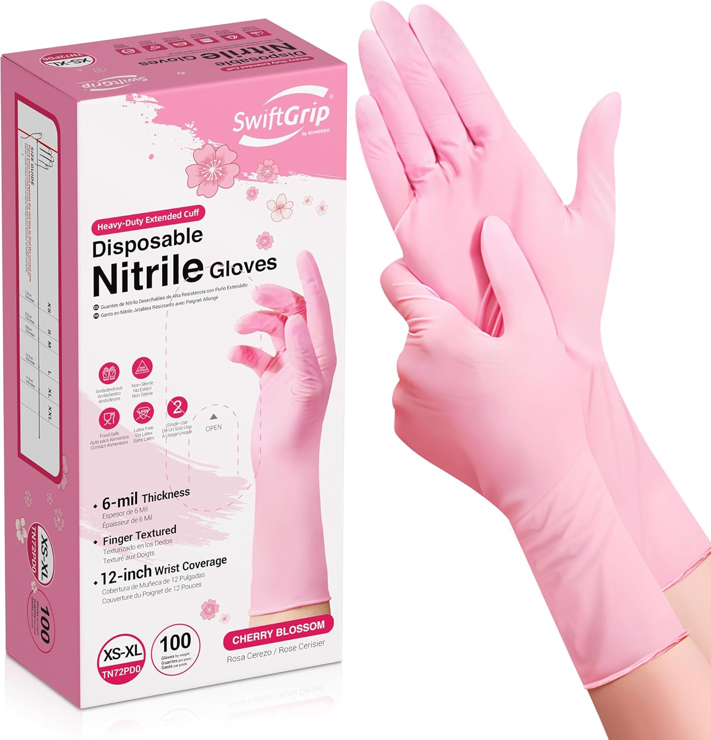 SwiftGrip-Disposable-Nitrile-Dishwashing-Gloves,-Extended-12-Inches-Cuff,-6-mil,-Cherry-Blossom-Cleaning-Gloves,-Latex-F-295
