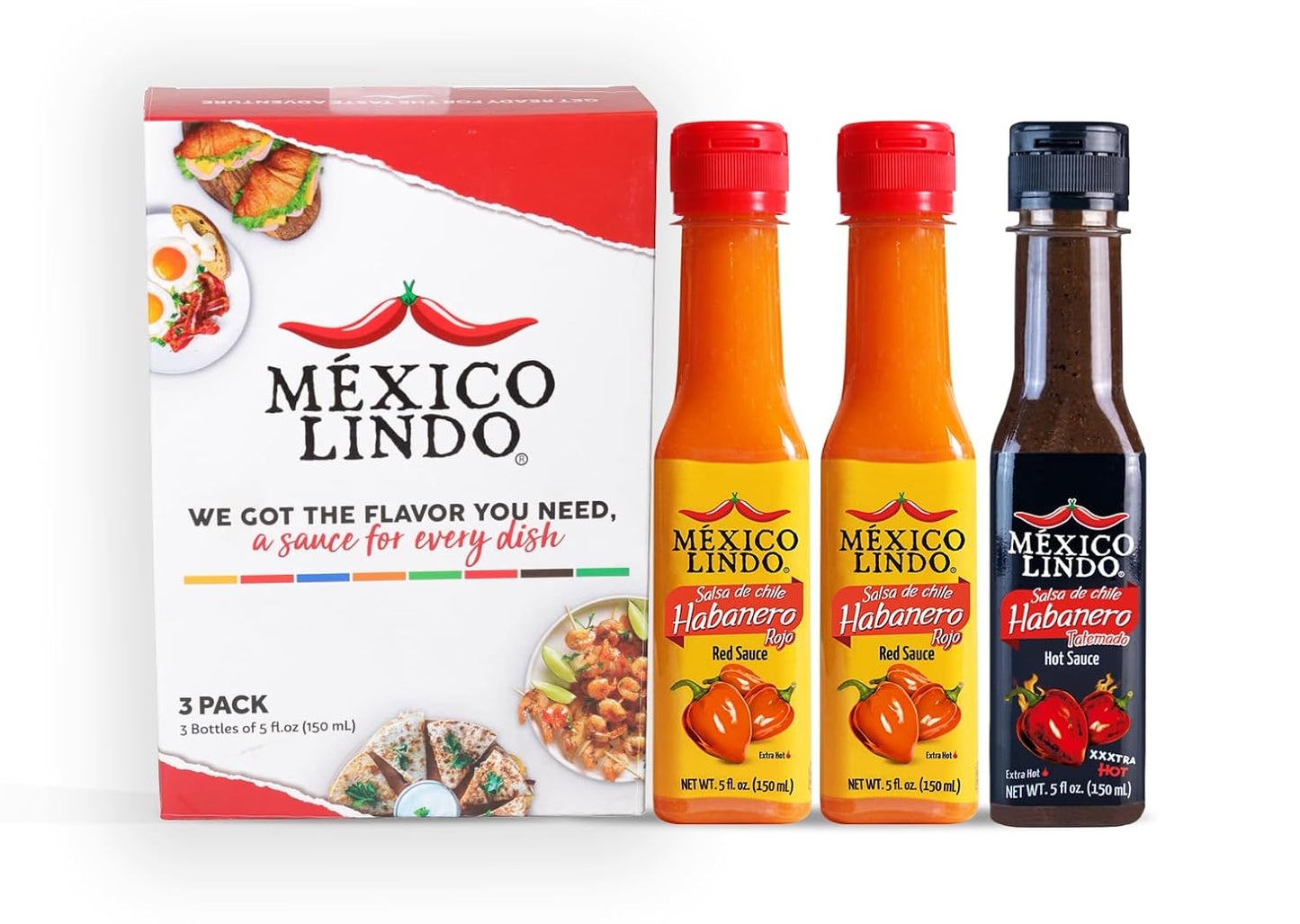 Mexico-Lindo-Hot-Sauce-Variety-Pack-Display-with-2-Red-Habanero,-1-323