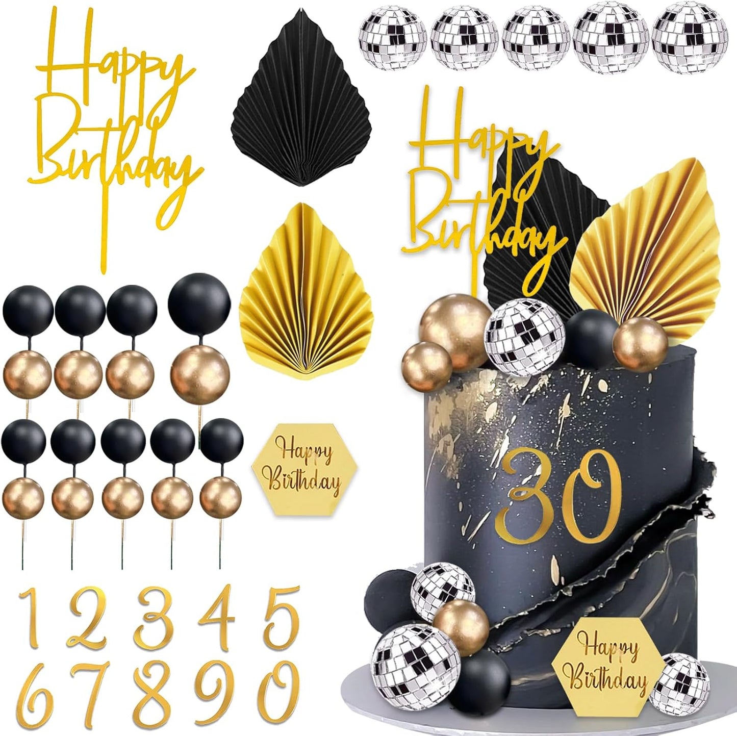 37Pcs-Gold-Black-Balls-Cake-Topper-Man-Cake-Decorations-with-Disco-Balls-Leaves-Numbers-954