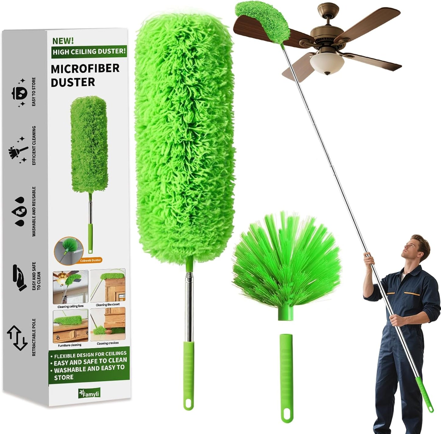 Cobweb-Duster-with-Extension-Pole,-Washable-Cleaning-Duster-Set-with-2-Duster-Heads,-Corner-Brush,-915