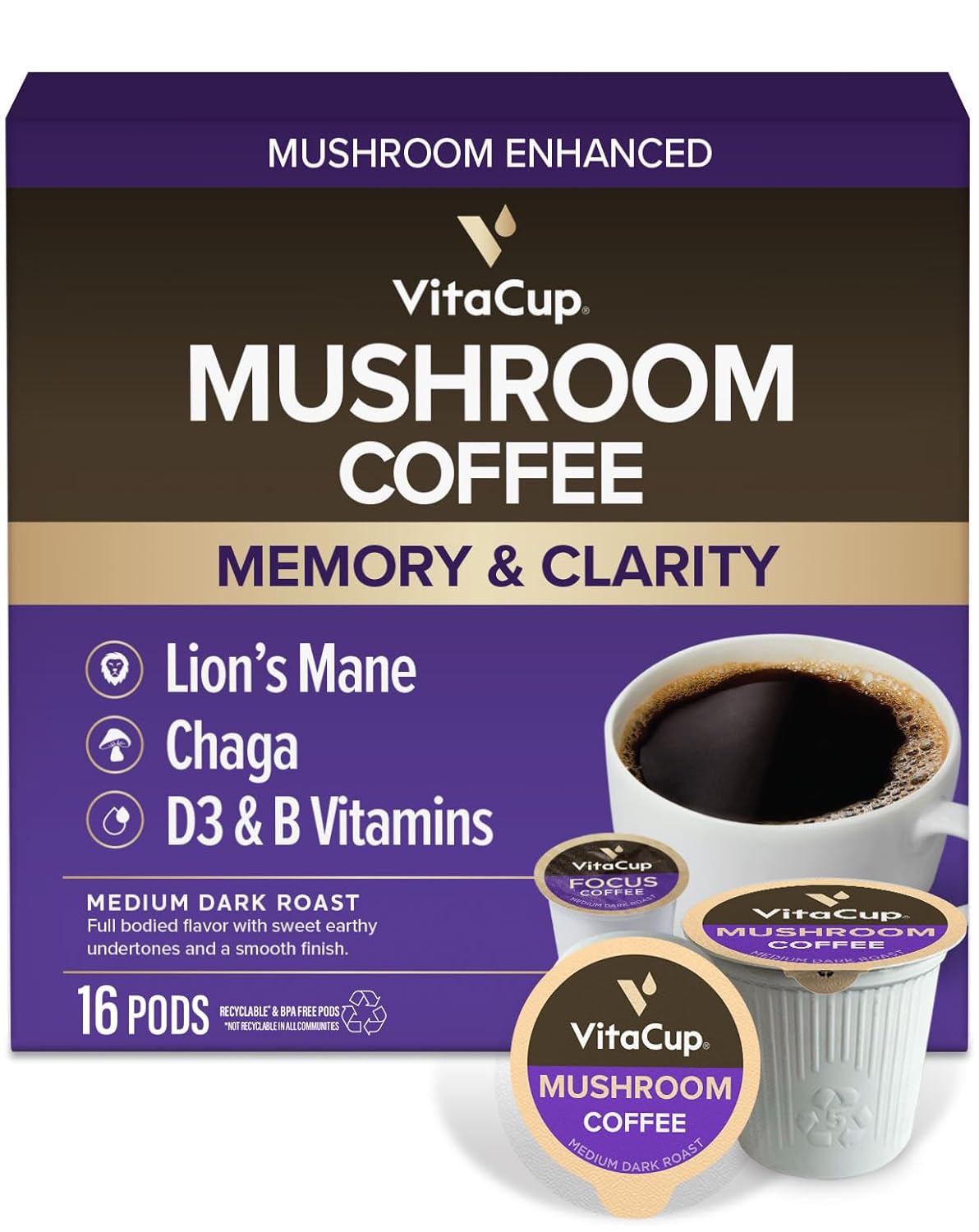 VitaCup-Mushroom-Coffee-Pods,-Boost-Focus-&-Immunity-w/Lions-Mane,-Chaga,-B-Vitamins,-2734
