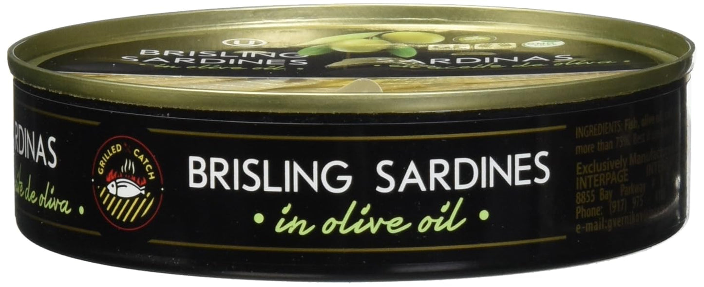 Brisling-Sardinas-en-aceite-de-oliva,-latas-de-5.6-onzas-(paquete-de---86