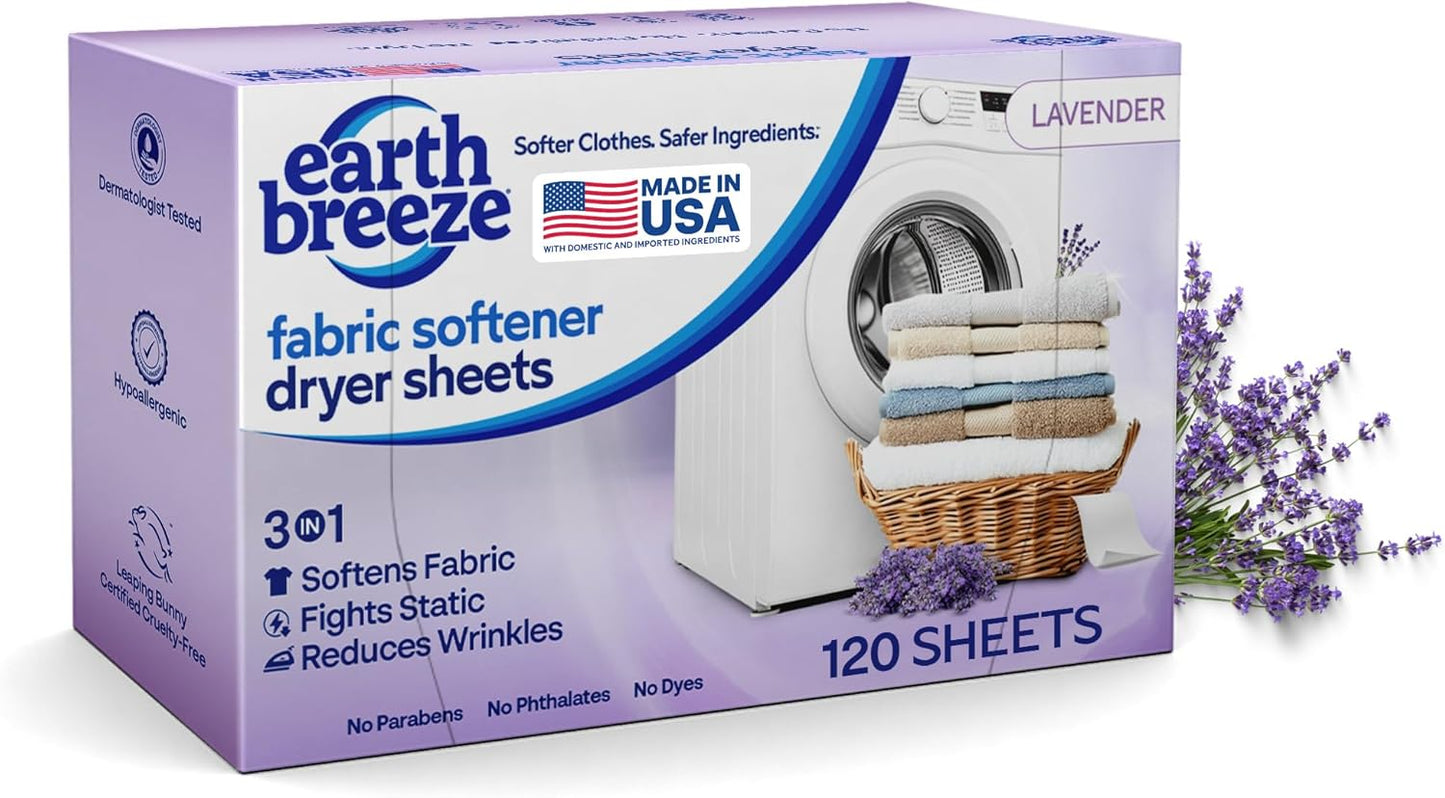 Earth-Breeze-Fabric-Softener-Dryer-Sheets-–-Lavender,-Hypoallergenic,-No-Harsh-Chemicals,-1364