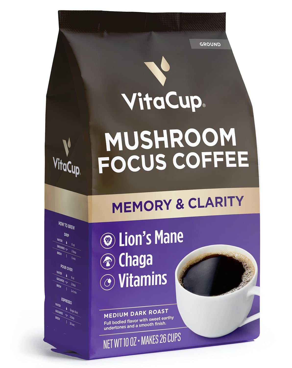 VitaCup-Focus-Mushroom-Coffee-Grounds,-con-melena-de-león,-Chaga,-vitaminas-D3,3342