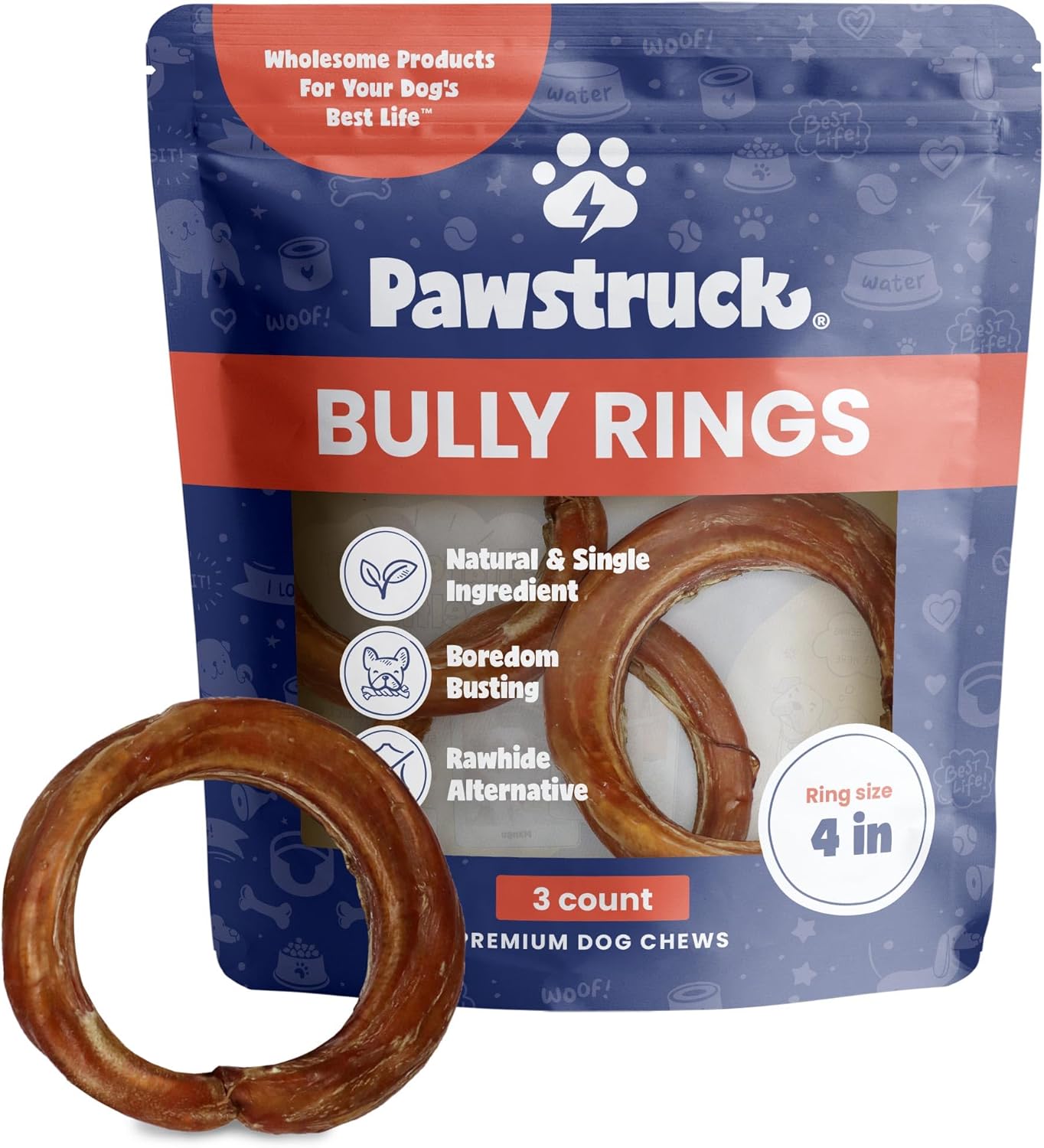 Pawstruck-Bully-Stick-Rings-3-Pack-4"-Natural-Rawhide-Free-Dog-Chews---Beef-2356