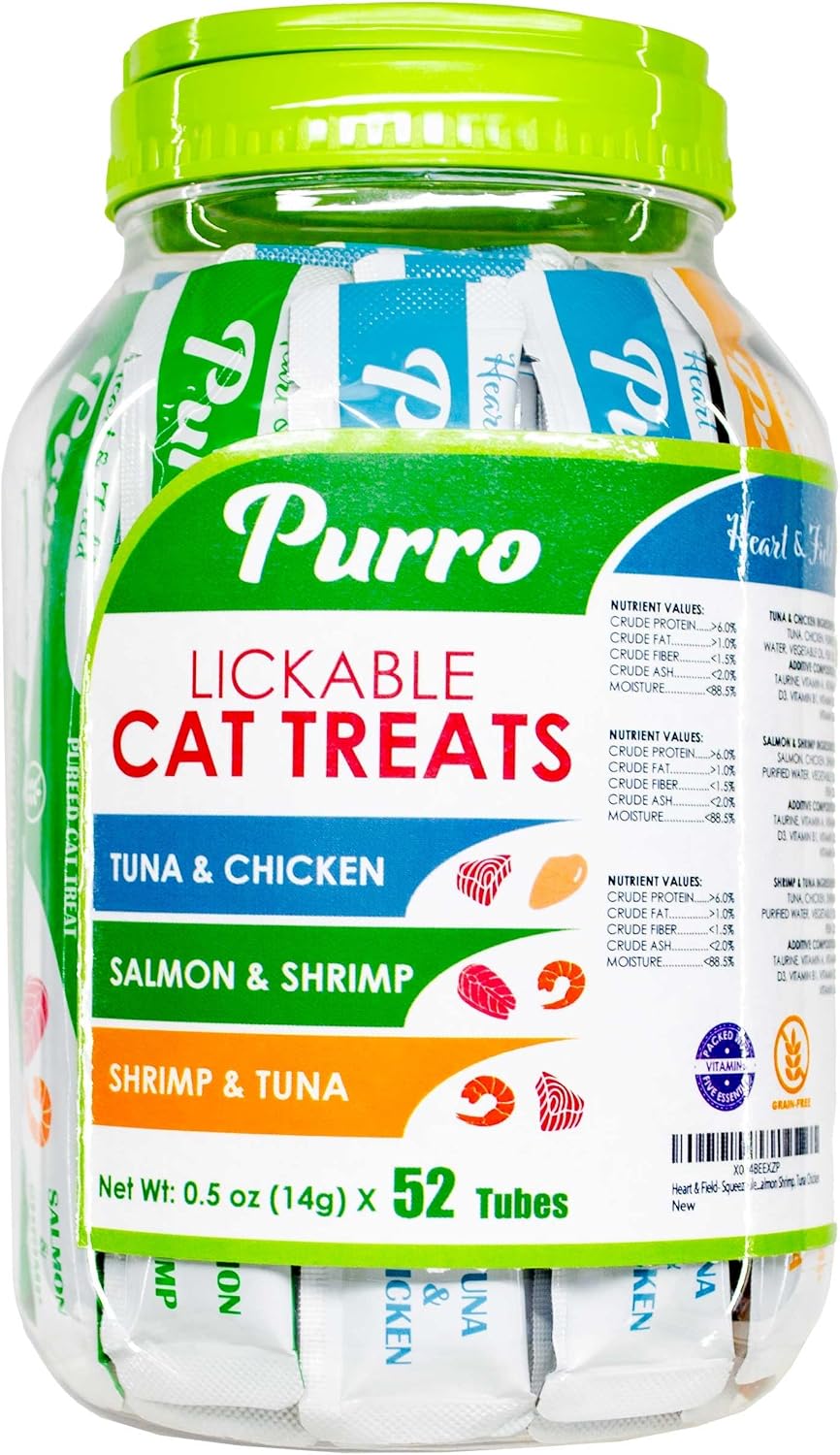 Heart-&-Field-Purro-Cat-Treats,-Squeezable-Lickable-Variety-Pack,-Tuna-Shrimp,-Salmon-Shrimp,-332