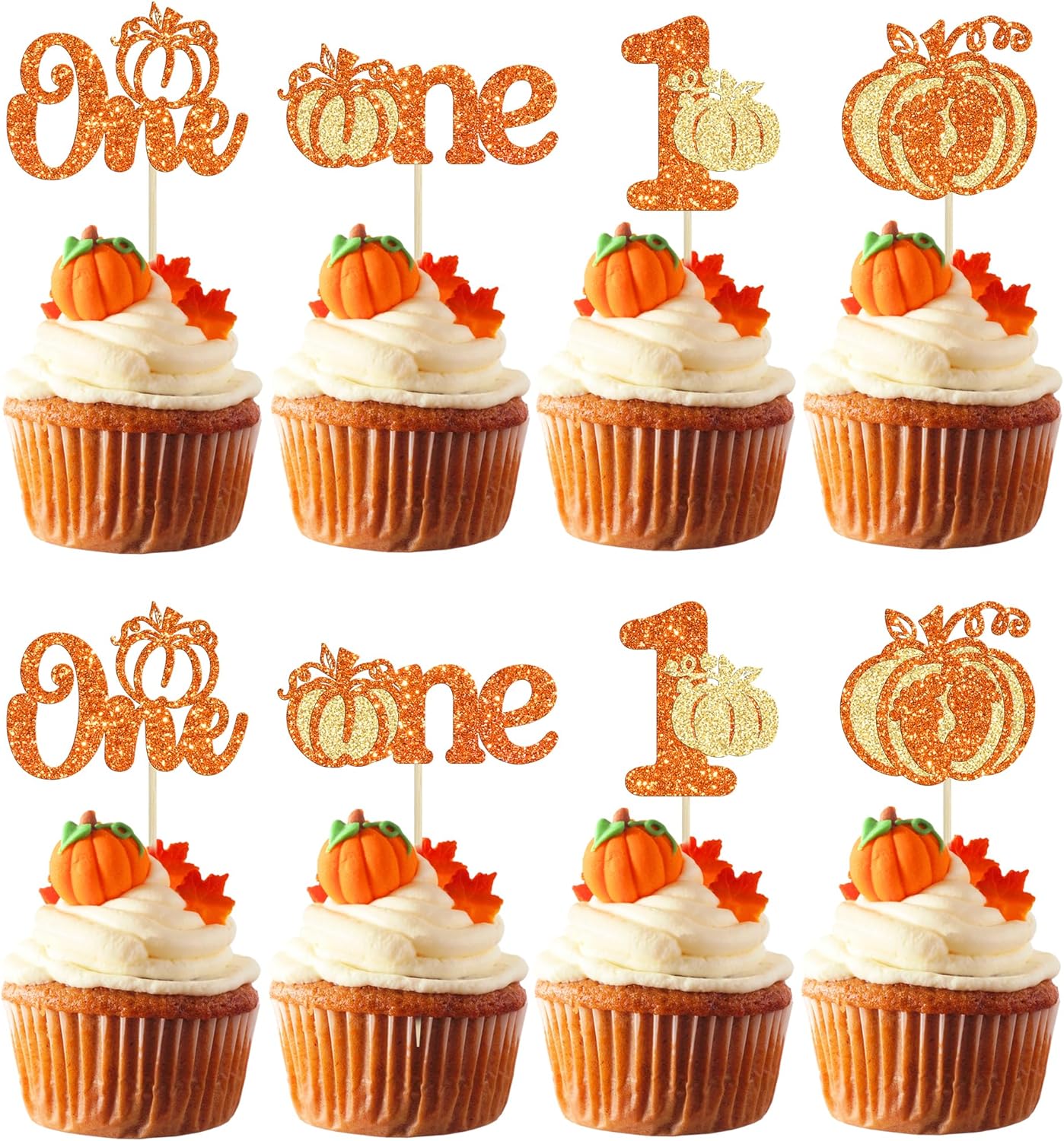 Gyufise-24Pcs-Pumpkin-One-Cupcake-Toppers-Glitter-1641