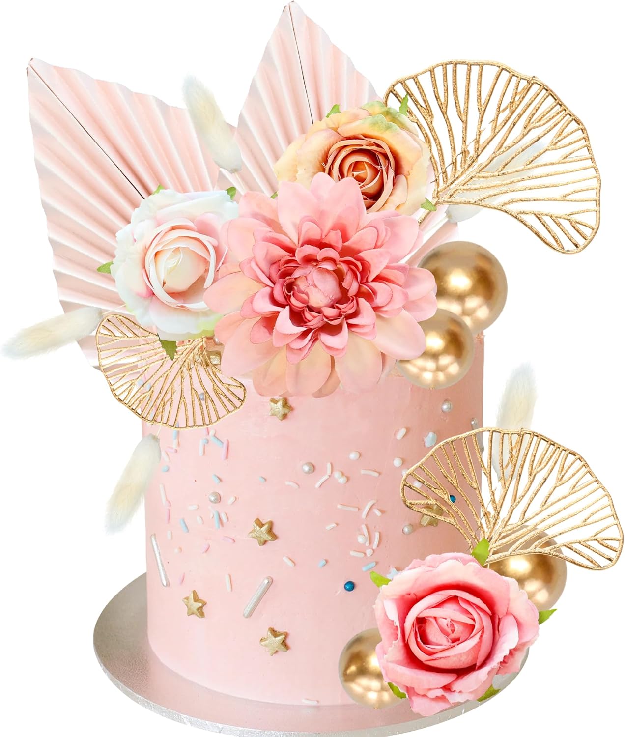 Ephlyn-24-Pack-Boho-Flower-Gold-Leaves-Cake-Topper-Foam-Ball-Cake-for-Baby-508