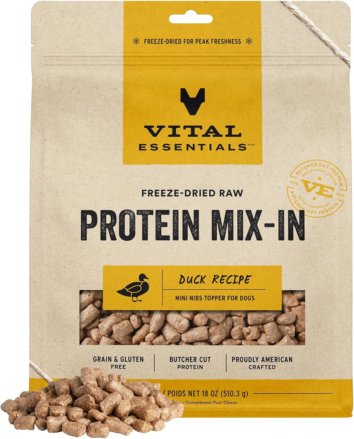 Vital-Essentials-Freeze-Dried-Raw-Dog-Food-Topper,-Duck-Mini-Nibs-Topper-for-1303