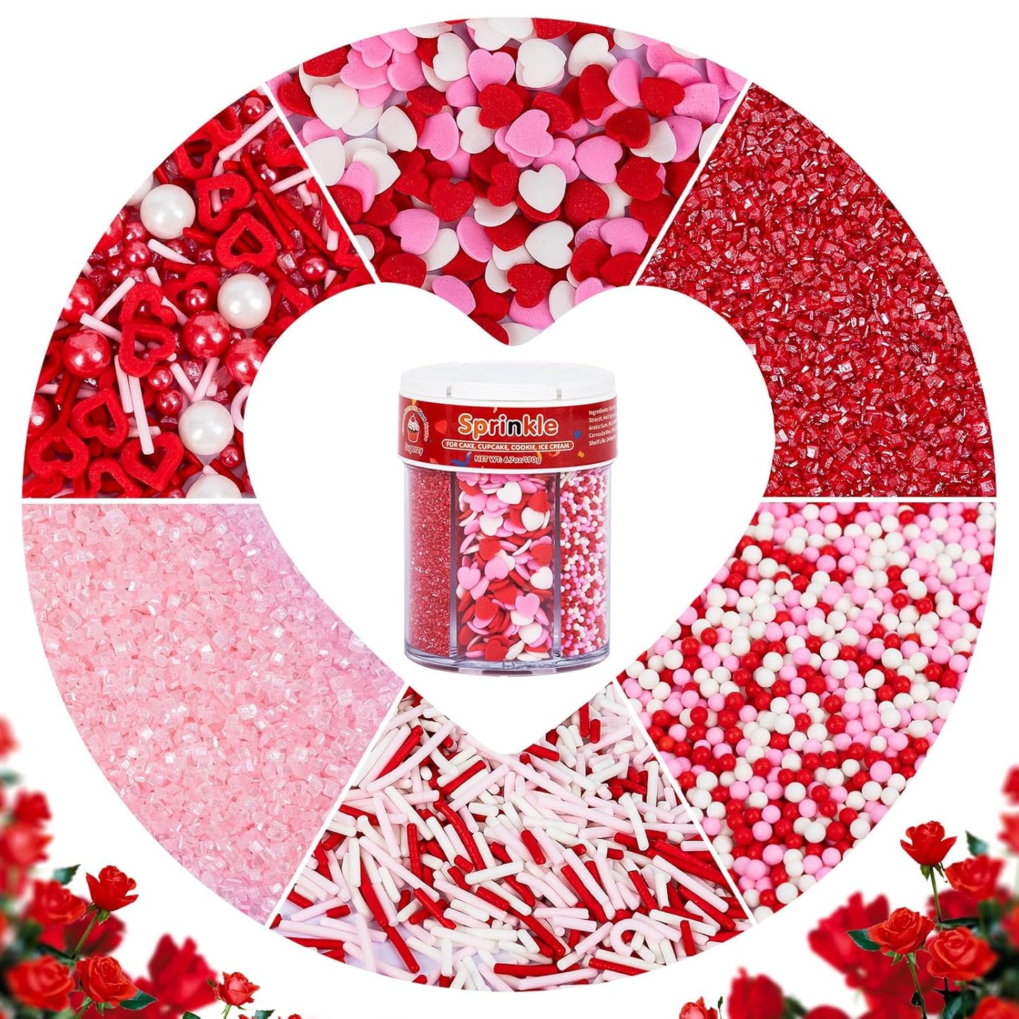 Valentine-Edible-Heart-Sprinkles-for-Cake-Decorating,6-Cell-6.7oz,Red-Pink-and-White-Sugar-Jimmies---1180