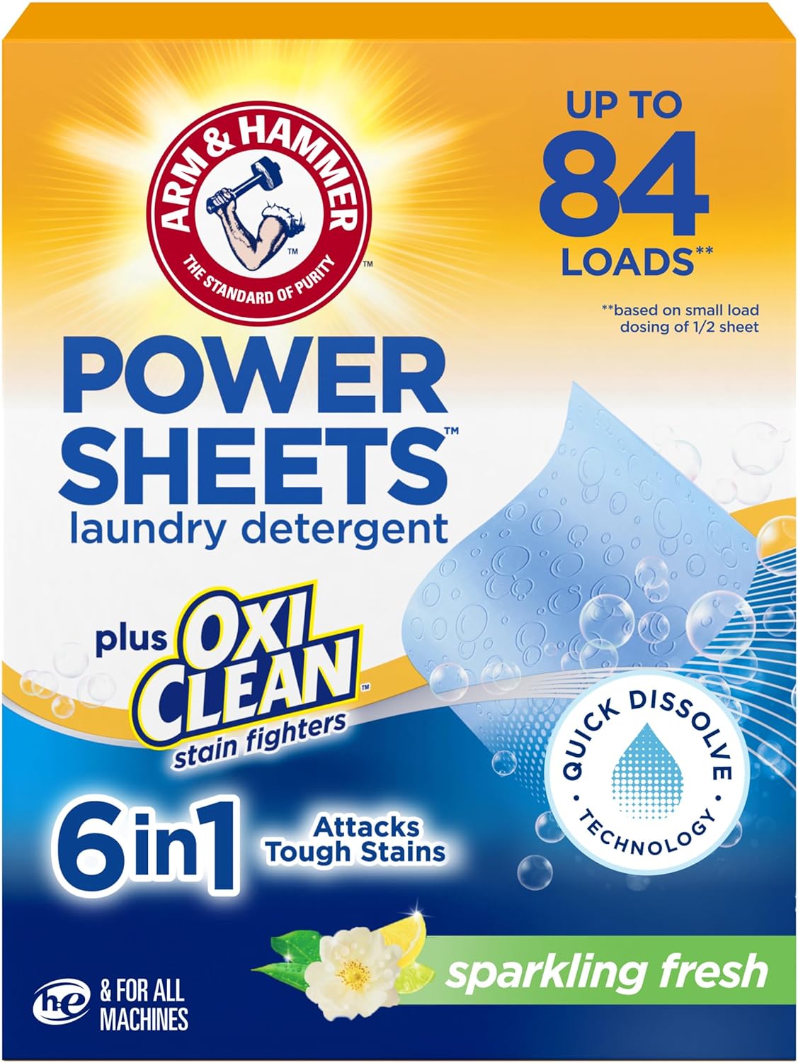 ARM-&-HAMMER-Power-Sheets-Laundry-Detergent-Plus-OxiClean-Stain-Fighters,-6in1,-1355