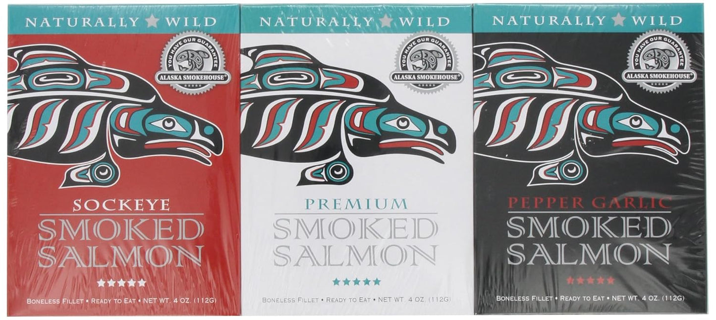 Alaska-Smokehouse-Trio-of-Smoked-Salmón/Pepper-Ajo/Sockeye-Juego-de-regalo-de-4-cada-1304