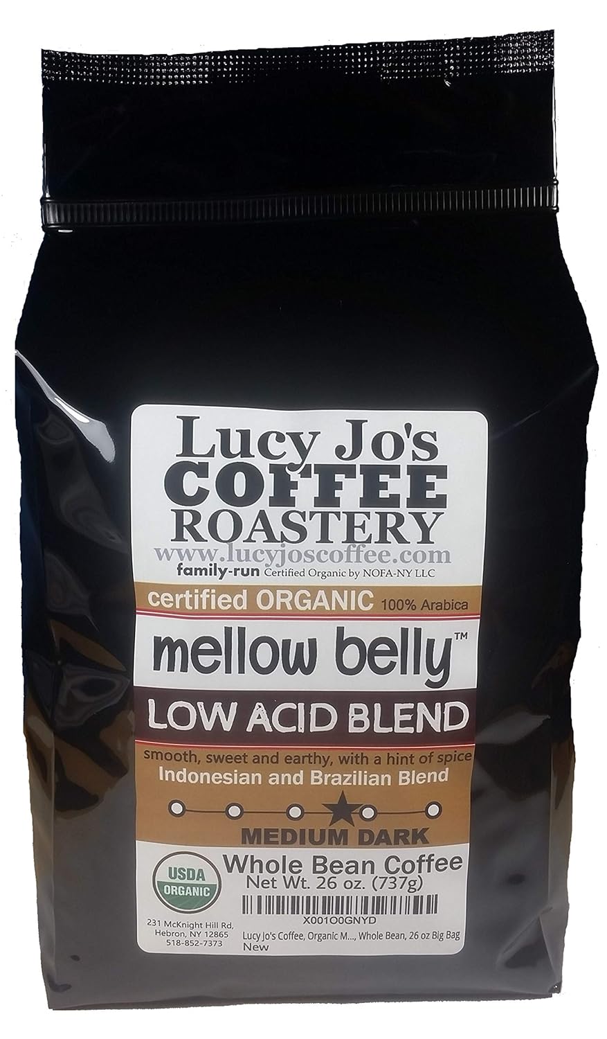 Lucy-Jo's-Coffee,-Organic-Mellow-Belly-Mezcla-baja-en-ácido,-tostado-oscuro,2051