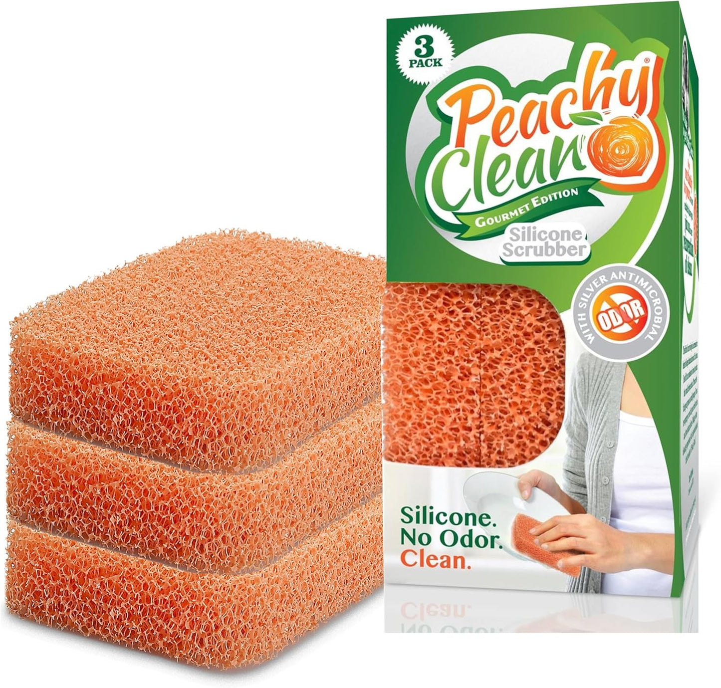 Peachy-Clean-Silicone-Dish-Sponge-Scrubbers,-Fresh-Peach-Scent,-Non-Scratch,-3920
