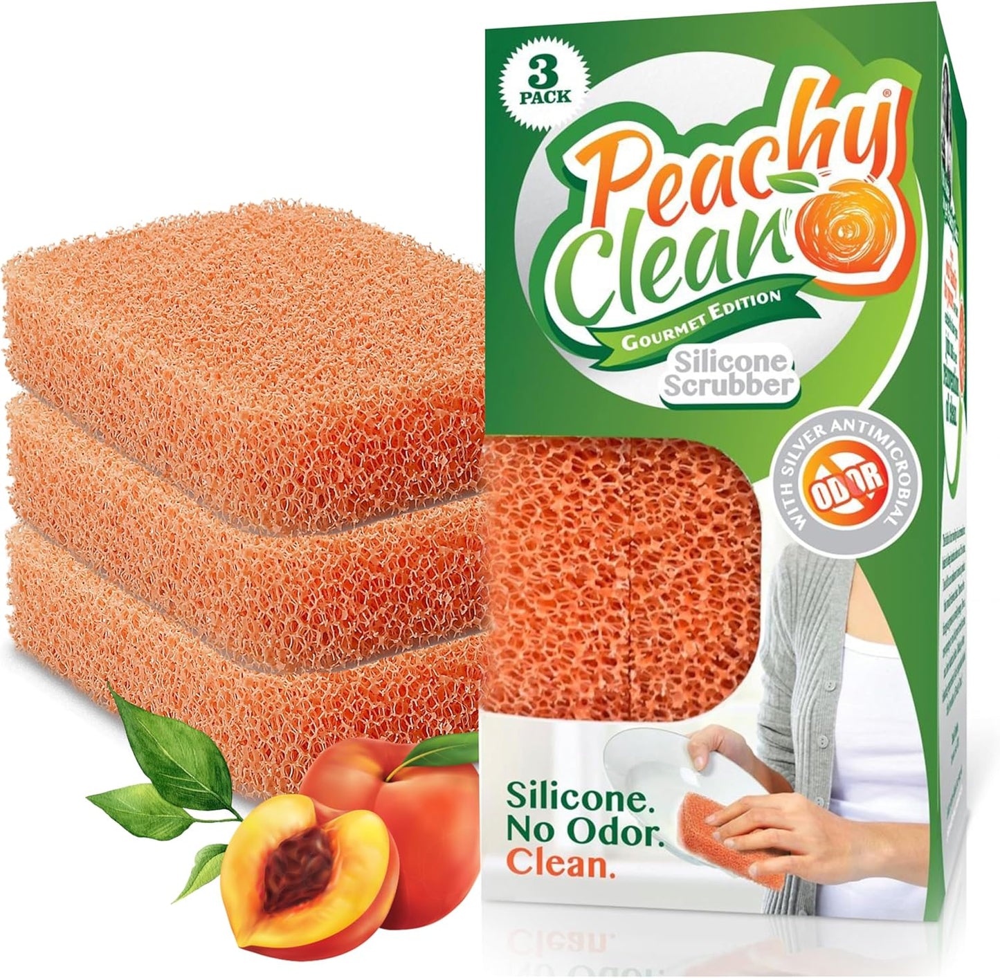 Peachy-Clean-Silicone-Dish-Sponge-Scrubbers,-Fresh-Peach-Scent,-Non-Scratch,-4401
