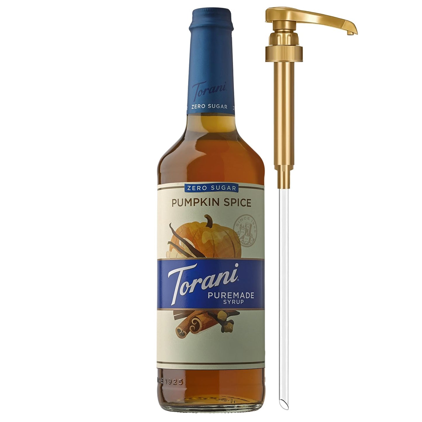 Torani-Zero-Sugar-Puremade-Syrup,-Pumpkin-Spice-Flavoring-for-Drinks,-Glass-Bottle-Pump-25.4-985