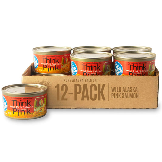 Think-Pink-Wild-Alaska-Pink-Salmon,-The-Original-Smart-Al-TUNA-tive!-Atrapado-en-naturaleza,-455
