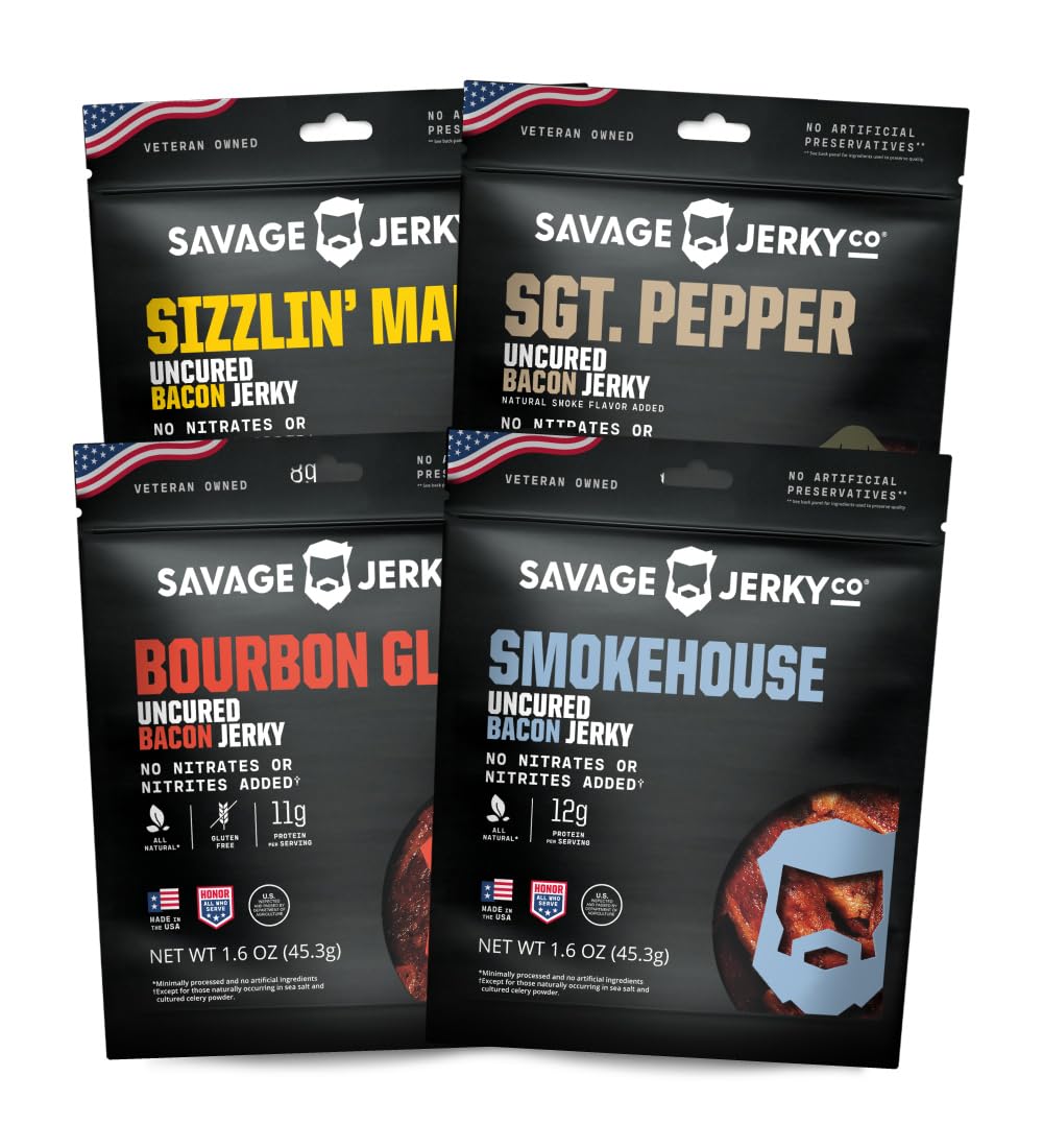 SAVAGE-Bacon-Jerky-Variety---Sizzlin-Maple,-Bourbon-Glaze,-Smokehouse,-Sgt.--Pepper-(Pack-of---4