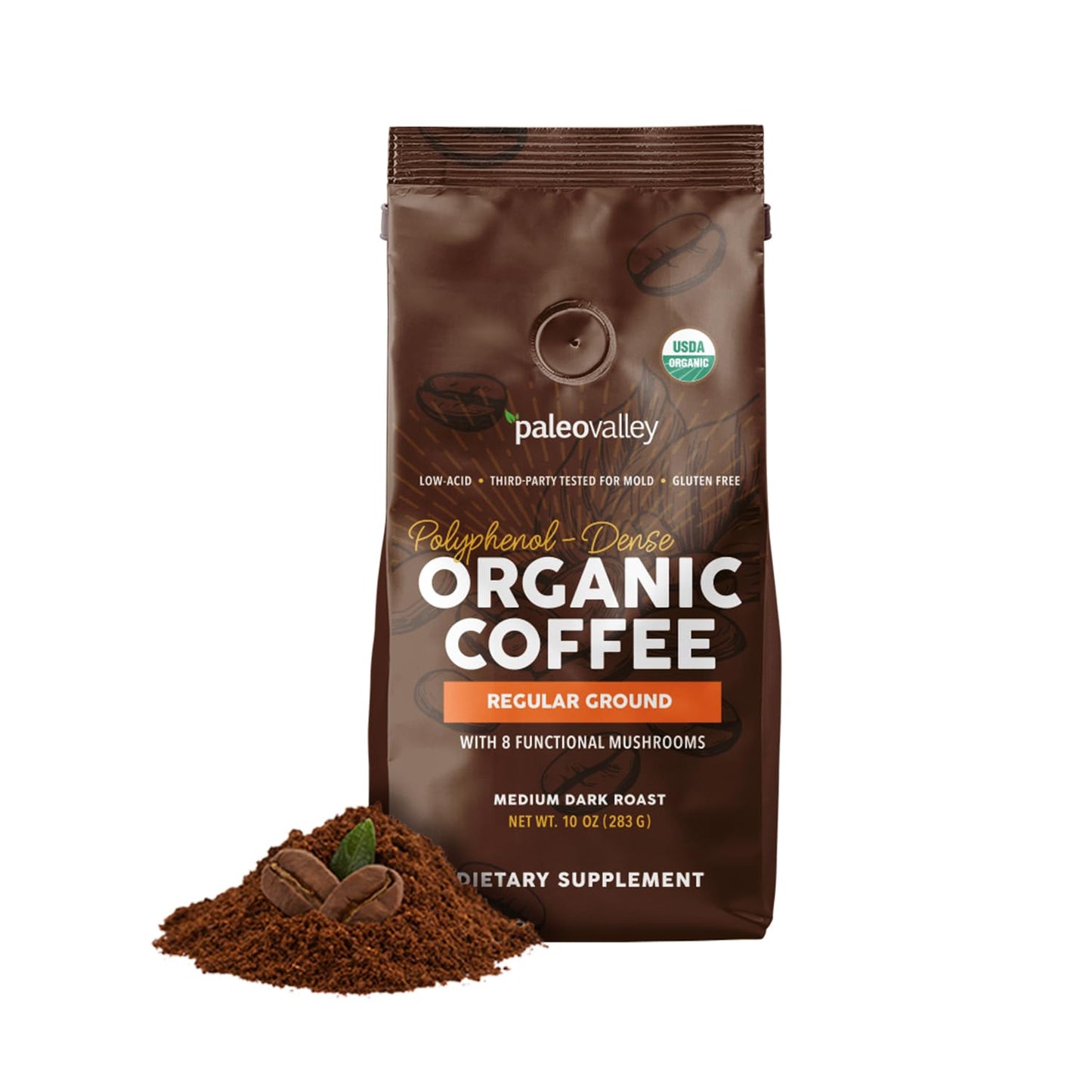 Paleovalley-Organic-Ground-Coffee,-10oz---Regular,-Low-Acid,-Single-Origin,-Polyphenol-Rich,-Infused-with-2360