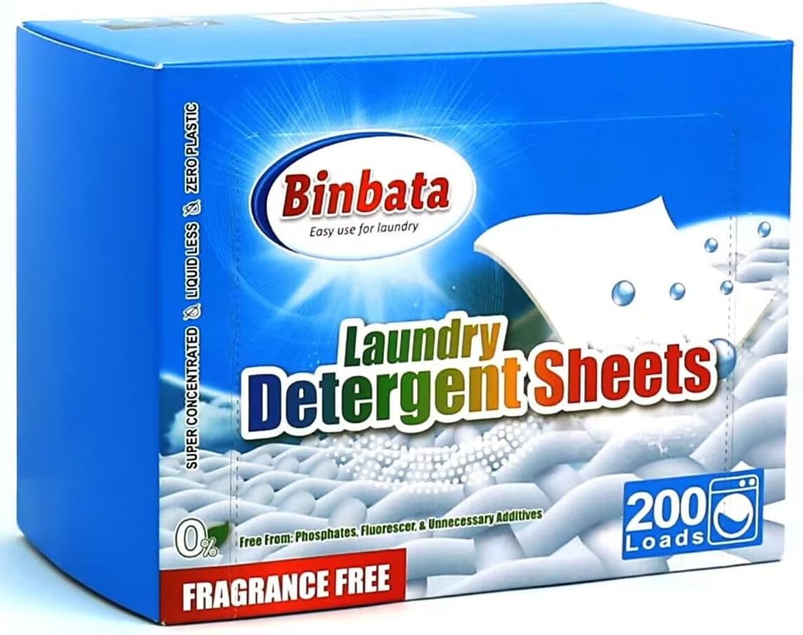 Binbata-Laundry-Detergent-Sheets,-200-Count,-Fragrance-Free,-Unscented,-Eco-Friendly,-Hypoallergenic,-Biodegradable,-1143