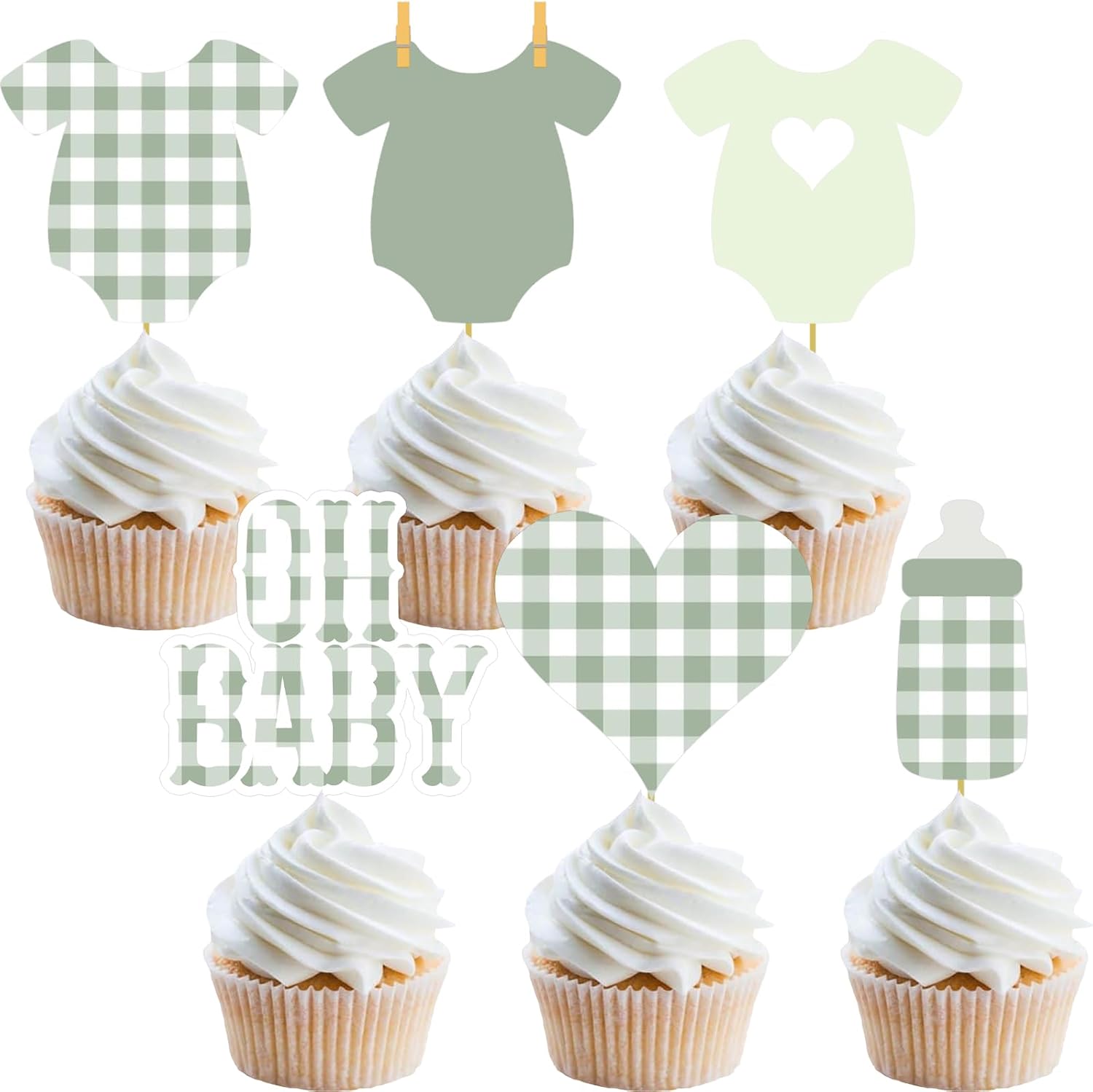 Gingham-Baby-Cupcake-Topper-Welcome-Baby-Shower-Decoration-Plaid-Theme-Party-Table-Sage---395