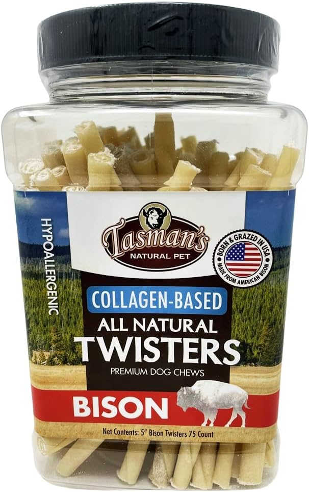 Tasman's-Natural-Pet-Small-5"-Bison-Collagen-Based-Twisters,-75-Count-Jar.-Rawhide-560