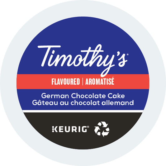 Timothy's-World-Coffee,-pastel-de-chocolate-alemán,-paquete-de-porciones-K-Cup-cafeteras999