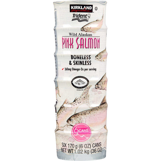 Salmón-rosado-de-Alaska-Kirkland-Signature-pescado-en-la-naturaleza,-latas-de-onzas-573