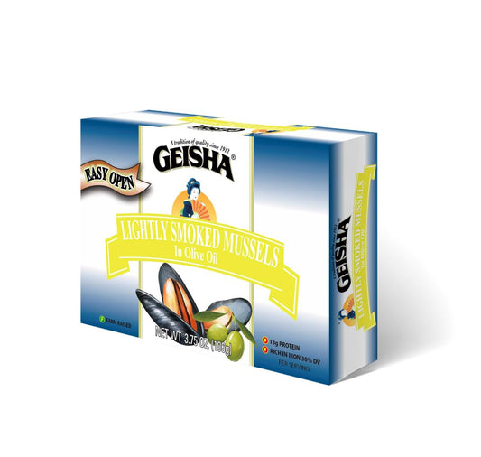 GEISHA-Lightly-Smoked-Mussels-in-Olive-Oil-(Pack-of-12),-Chilean-Mussels(Mytilus-Chilensis)|-304