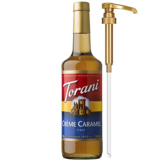 Torani-Coffee-Syrup,-Crème-Caramel-Flavoring-for-Drinks,-Glass-Bottle-with-Pump-25.4---1245