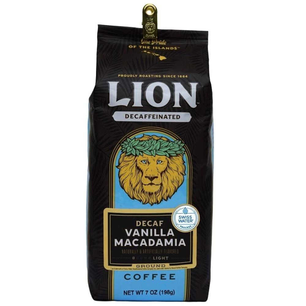 Lion-Coffee,-Swiss-Water-DECAF,-sabor-vainilla-macadamia,-tostado-ligero,-molido,-de1187