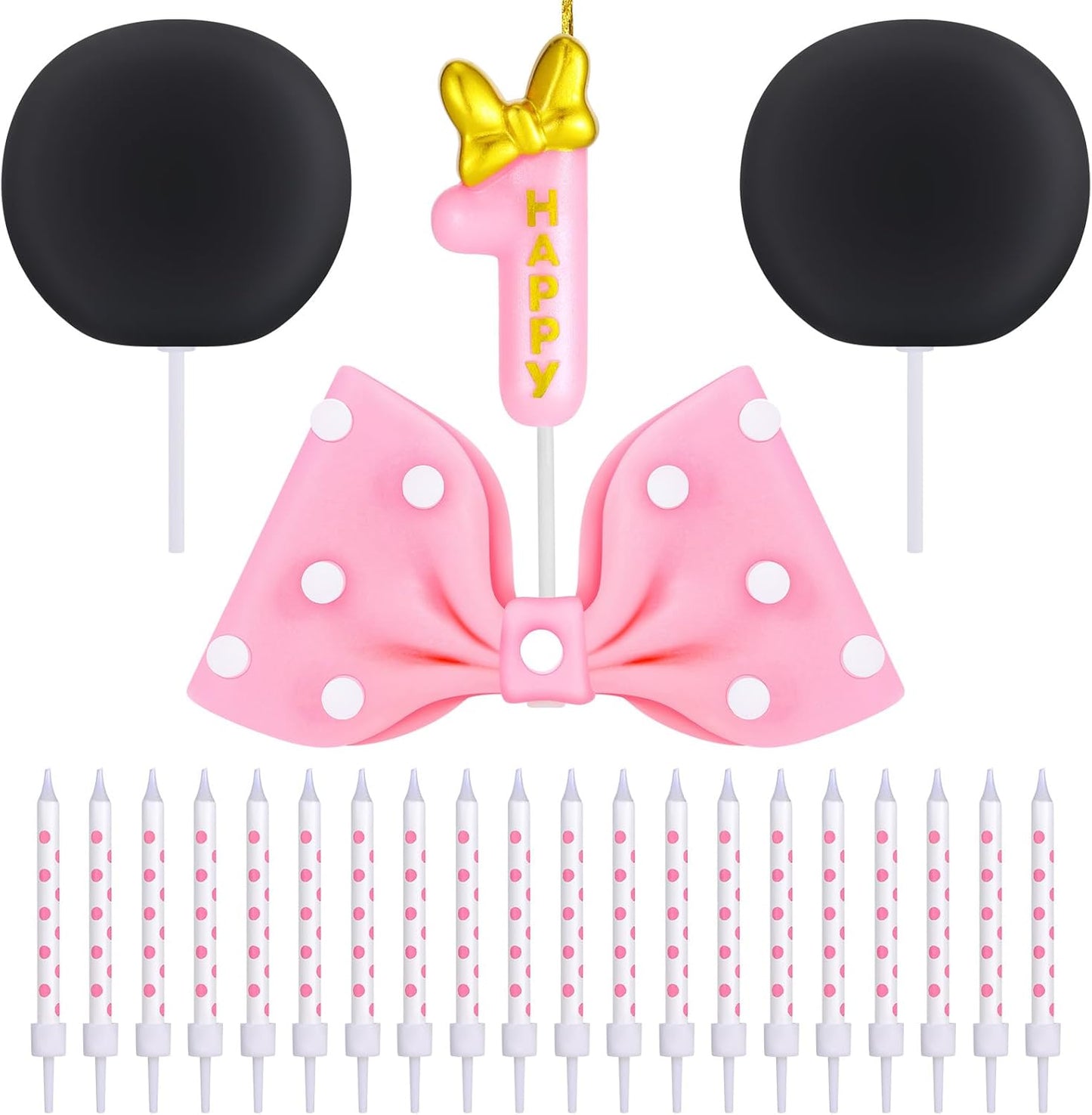 Mouse-Cake-Candles-Topper-Pink-Bow-and-Ears-Decorations-with-20-PCS-Dot-Candles-641