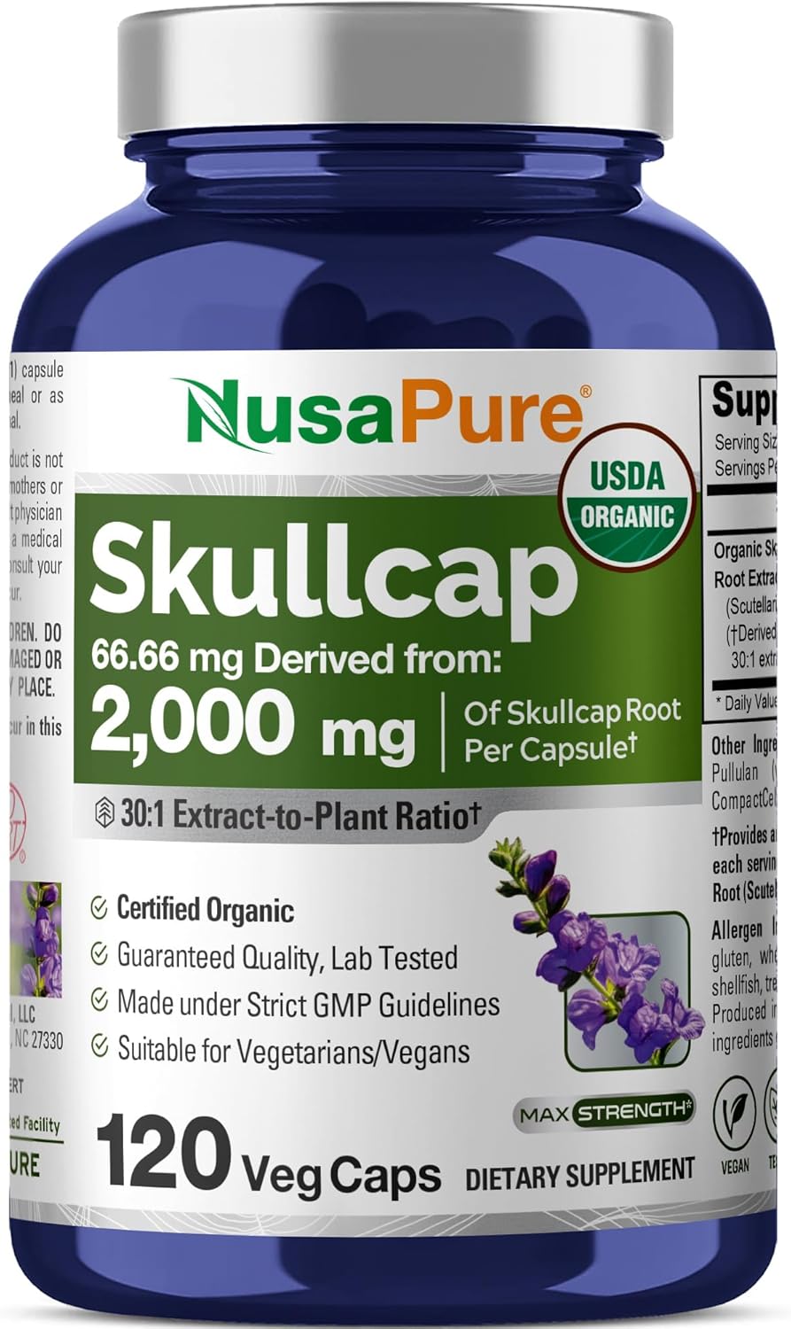 NusaPure-Organic-Skullcap-Root-1.25069444444444-Extract,-66.66-mg-Equivalent-to-2,000mg-Per-Caps-Count-1094