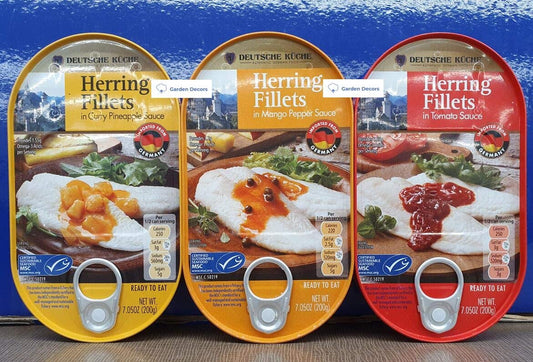 Deutsche-Kuche-Herring-Fillets-in-Curry-Pineapple-Sauce,-in-Mango-Pepper-Sauce,-and-235
