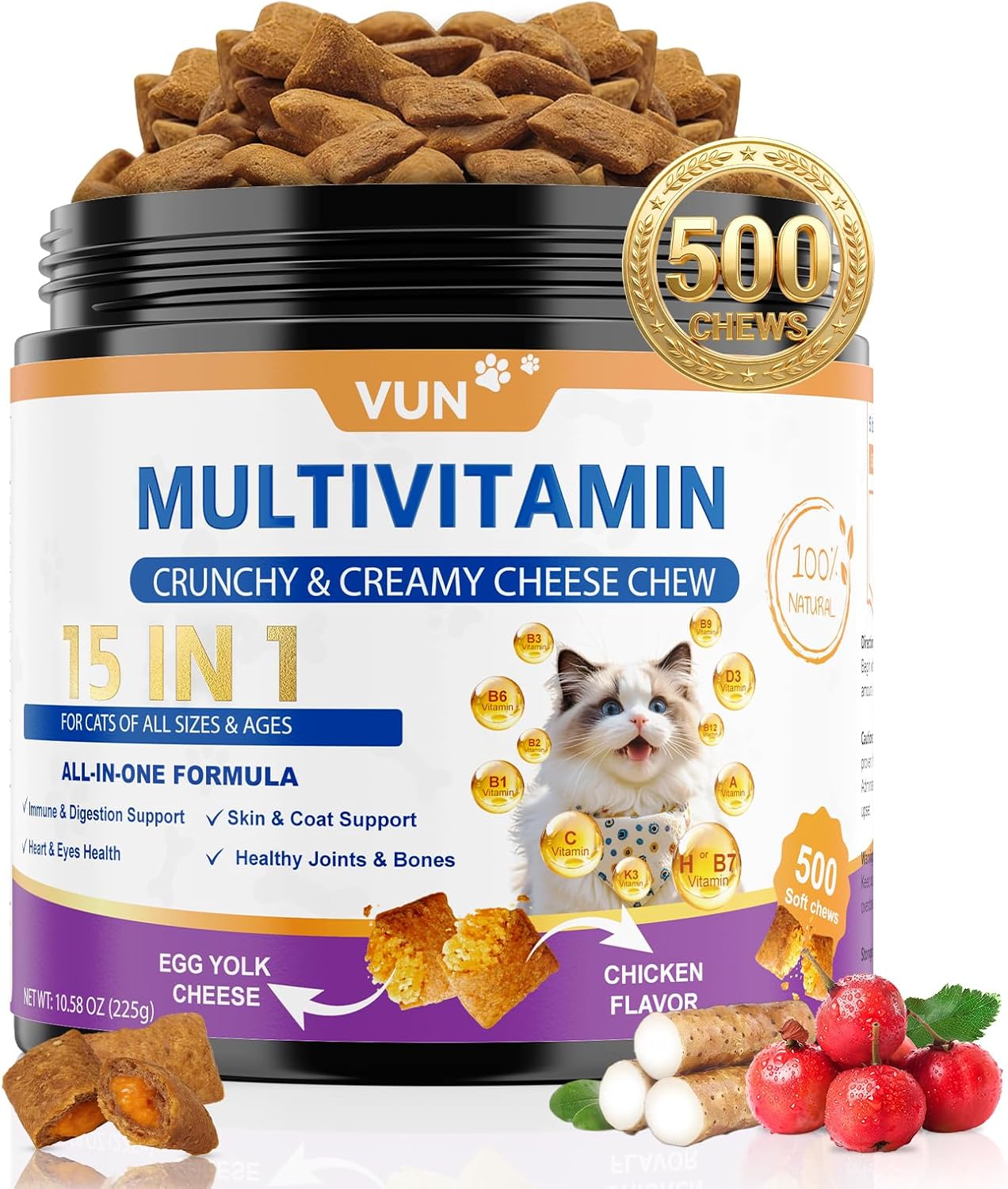 Cat-Vitamins-Crunchy&Creamy-Chews-Multivitamin-Supplement-for-Indoor-Cats,15-in-1-Treat-with-Taurine-for-120