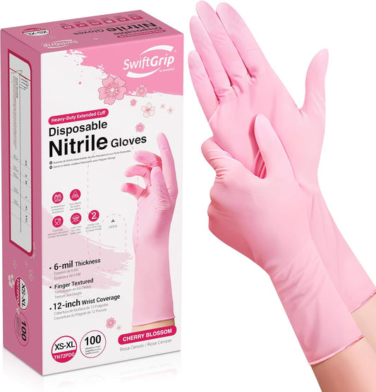 SwiftGrip-Disposable-Nitrile-Dishwashing-Gloves,-Extended-12-Inches-Cuff,-6-mil,-Cherry-Blossom-Cleaning-Gloves,-Latex-F-295