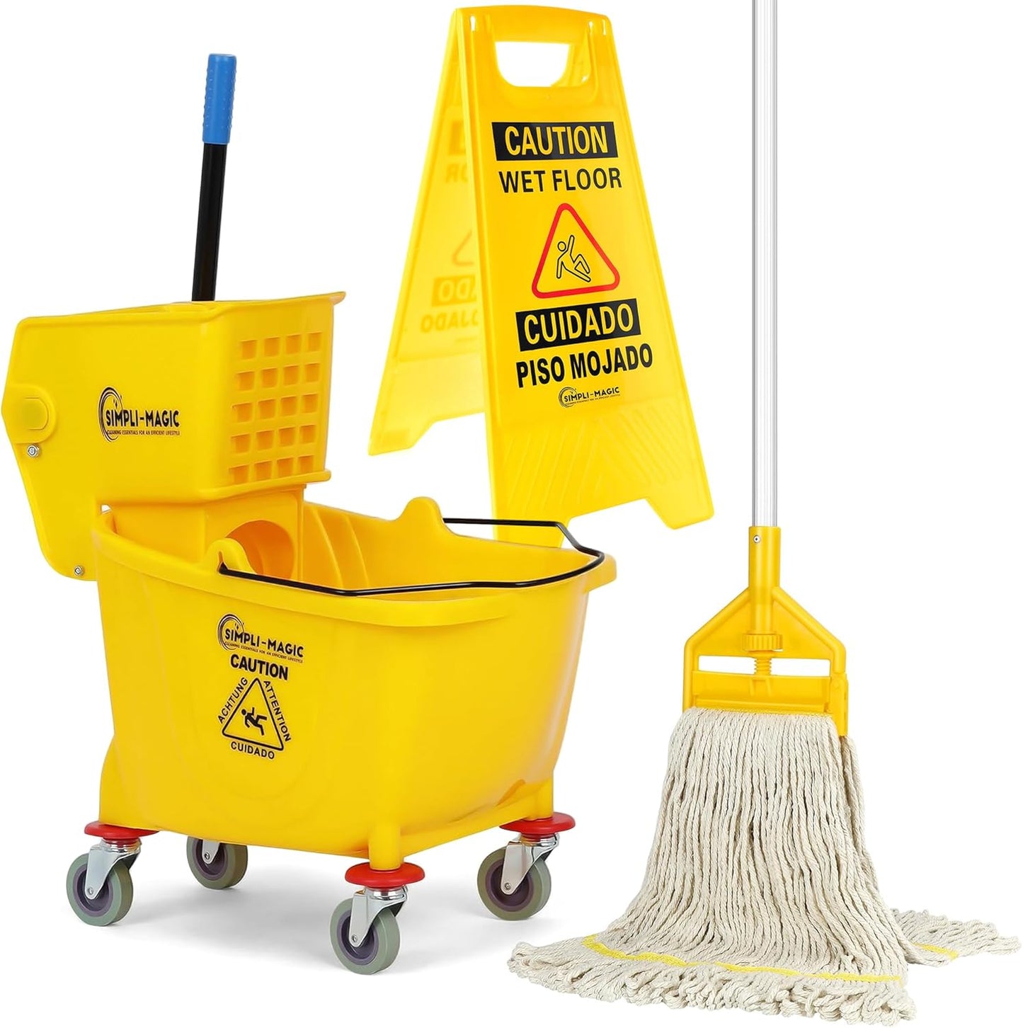 Simpli-Magic-Side-Press-Wringer-Combo-Commercial-Mop-Bucket-on-Wheels,-35-Quart,Yellow,-Including-Wet-Floor-811