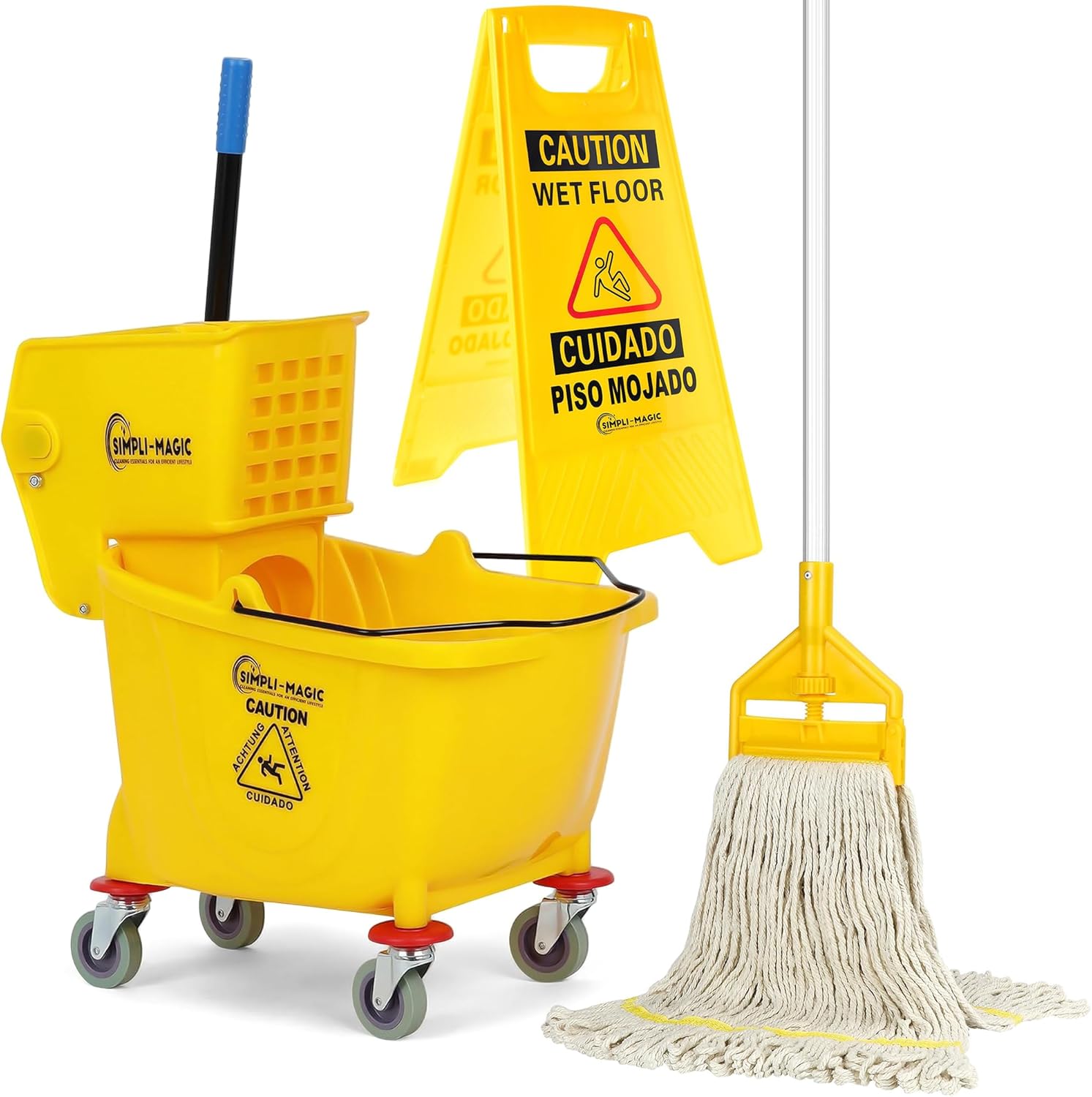 Simpli-Magic-Side-Press-Wringer-Combo-Commercial-Mop-Bucket-on-Wheels,-35-Quart,Yellow,-Including-Wet-Floor-811