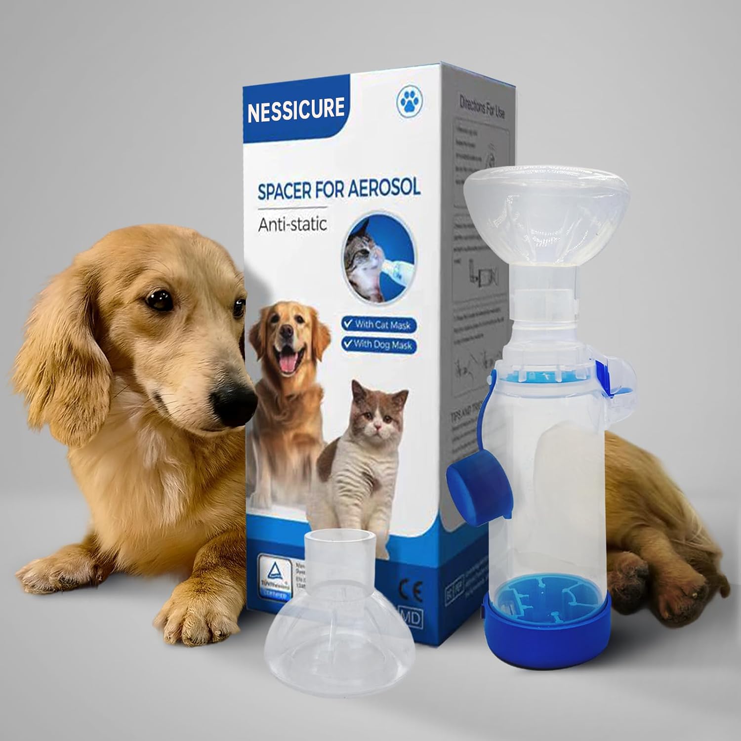 Pet-Inhaler-Spacer-with-2-Sized-Masks-for-Cats-and-Dogs,-Aerosol-Chamber-with-387