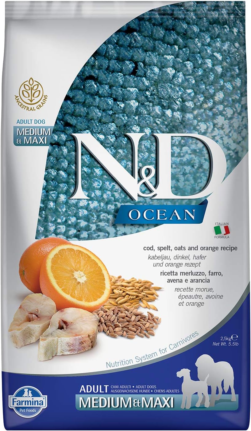 Farmina-N&D-Ocean-Dog-Dry-Med/Maxi-Cod-Spelt-Oats-Orange-5.5-Pounds---714