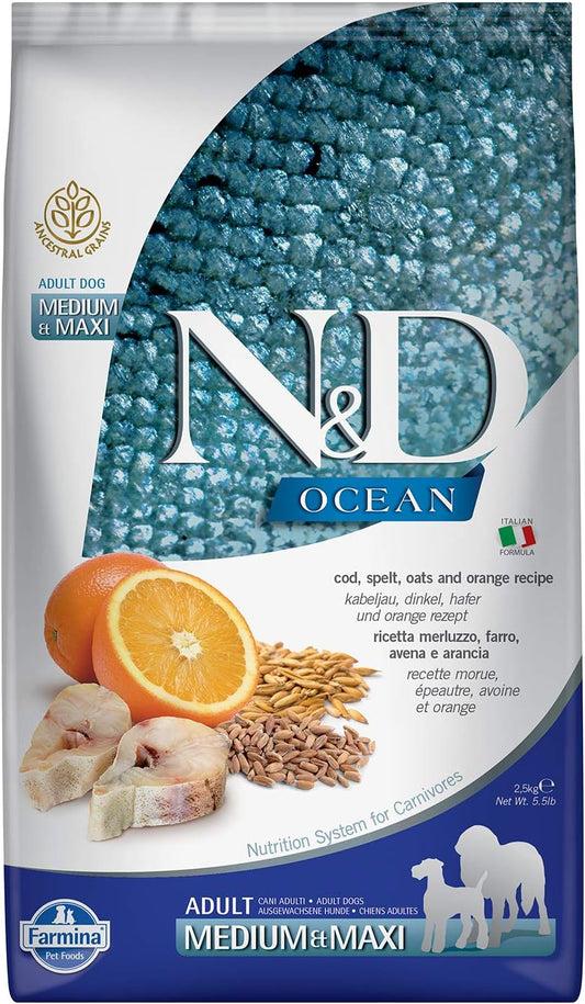 Farmina-N&D-Ocean-Dog-Dry-Med/Maxi-Cod-Spelt-Oats-Orange-5.5-Pounds---714