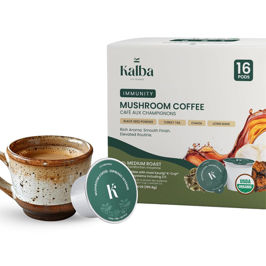 Kalba-Organic-Mushroom-Coffee-Arabica-Coffee-with-Lion's-mane,-Chaga,-Turkey-Tail,-&-547