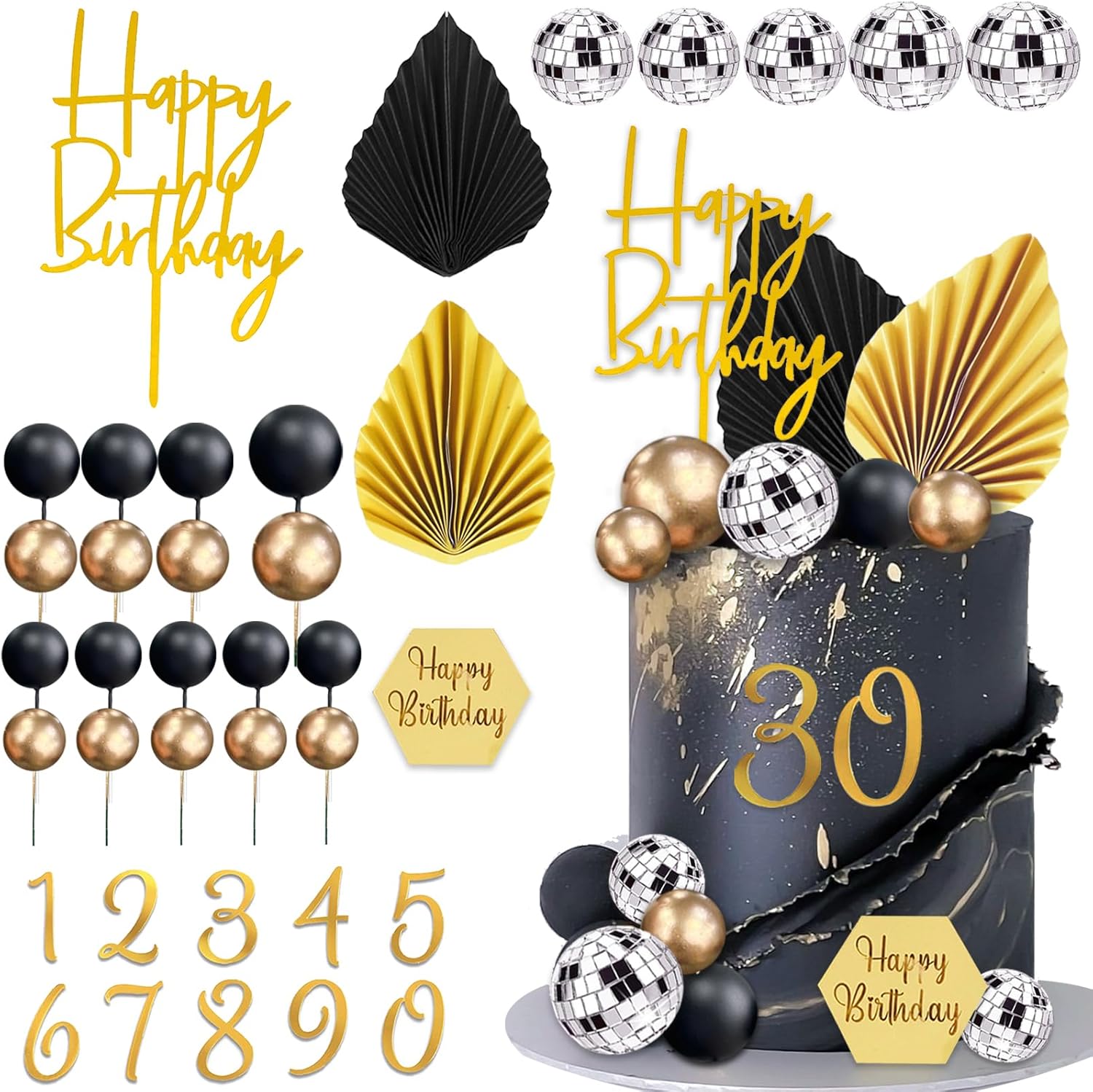 37Pcs-Gold-Black-Balls-Cake-Topper-Man-Cake-Decorations-with-Disco-Balls-Leaves-Numbers-954