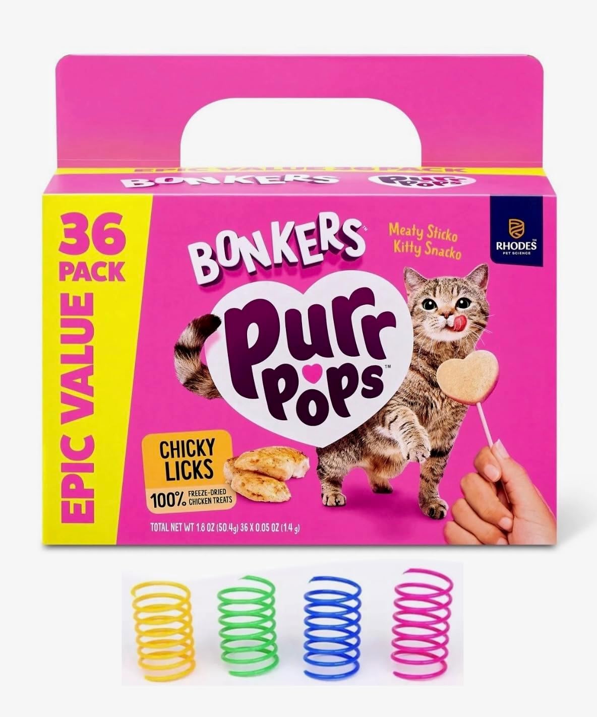 Bonkers-Purrpops,-Freeze-Dried-Chicken-Flavored-Lollipop-Cat-Treats,-36-pk-with-Cat-Spring-316