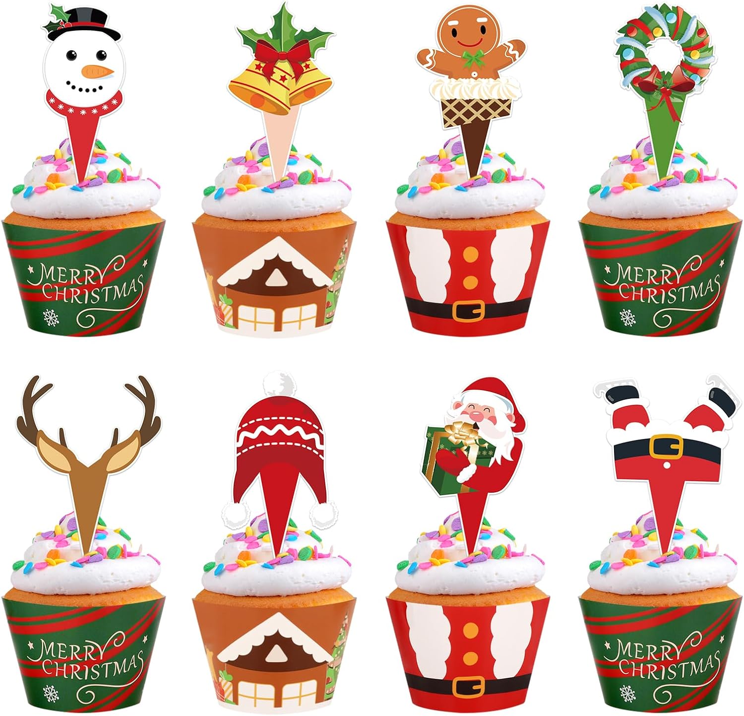 Hooqict-48Pcs-Christmas-Cupcake-Toppers-and-Wrappers-Snowman-Santa-Claus-Elf-Reindeer-Christmas-Deco-145