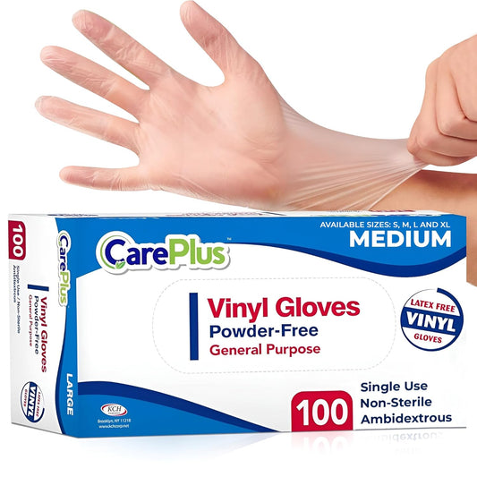 CARE-PLUS-Latex-Free-Vinyl-Gloves-Clear-Medium-Size-100-Count-|-Heavy-Duty,-Non-Sterile,-Powder-Free,-1833